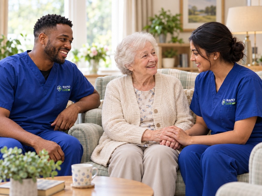 Rapid On-Call Care staff sitting with a resident in a care home lounge